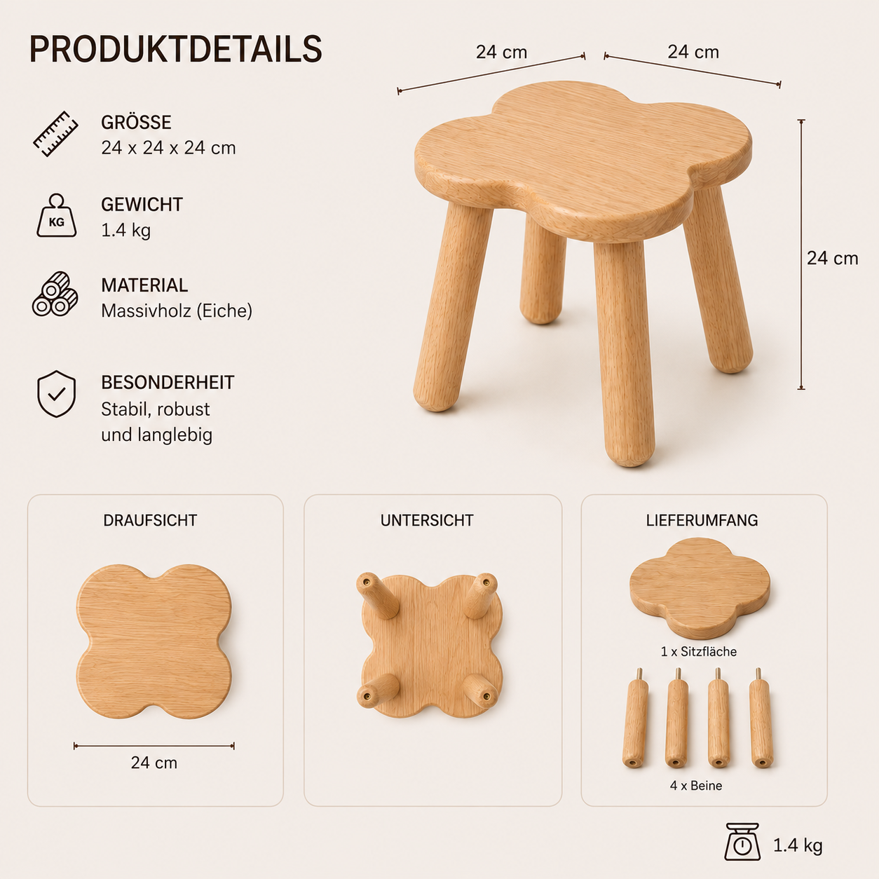 Norvia Kleeblatt Holzhocker – Massivholz